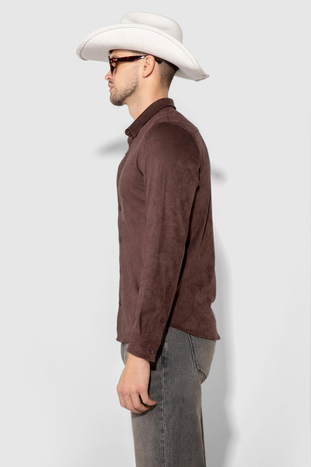 Side profile of MONFRÈRE Cooper Butter Suede Espresso men's brown soft faux suede stretch fabric button down shirt.