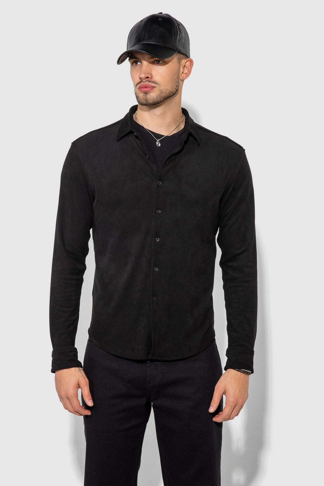 Front profile of MONFRÈRE Cooper Butter Suede Noir men's black soft faux suede stretch fabric button down shirt.