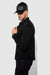 Side profile of MONFRÈRE Cooper Butter Suede Noir men's black soft faux suede stretch fabric button down shirt.