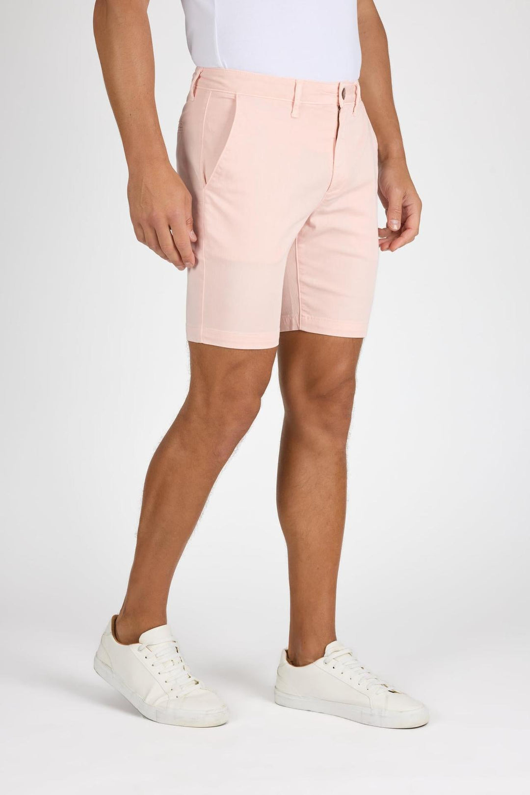 Side profile of MONFRÈRE Cruise Coral men's pink Japanese tencel twill chino short.