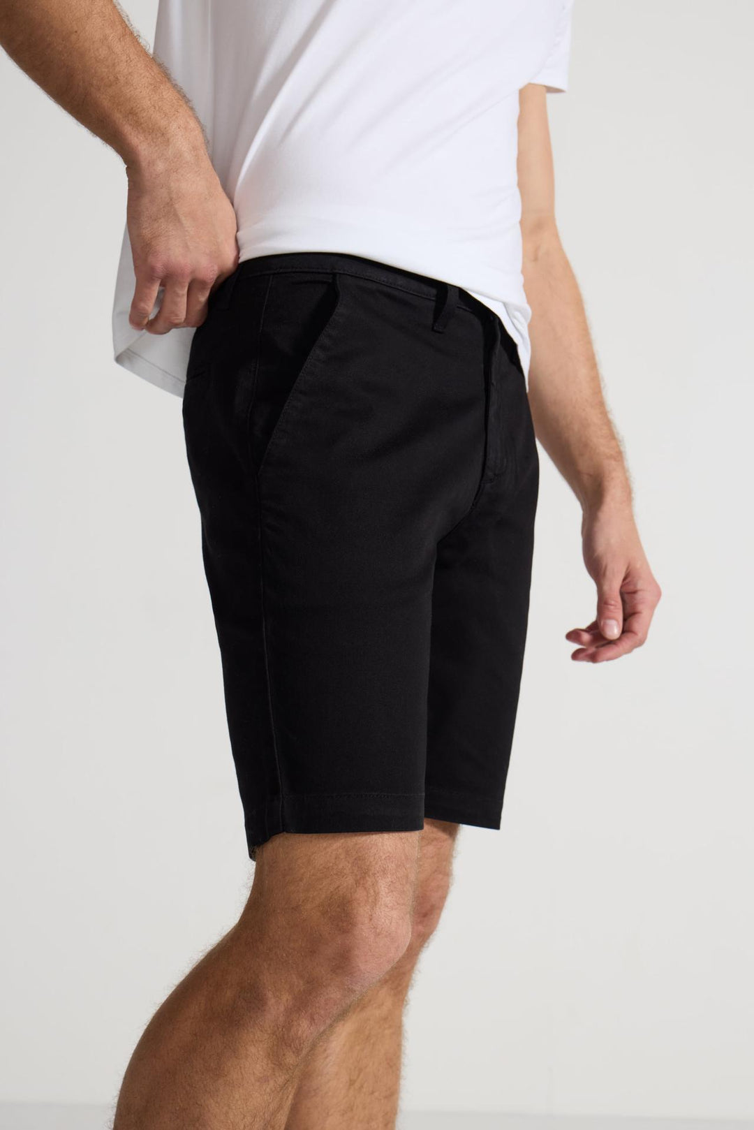 Detail view of MONFRÈRE Cruise Noir men's black Japanese tencel twill chino short.