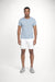 Model wearing monfrère dann steel blue men's light blue stretch jersey knit short sleeve t shirt