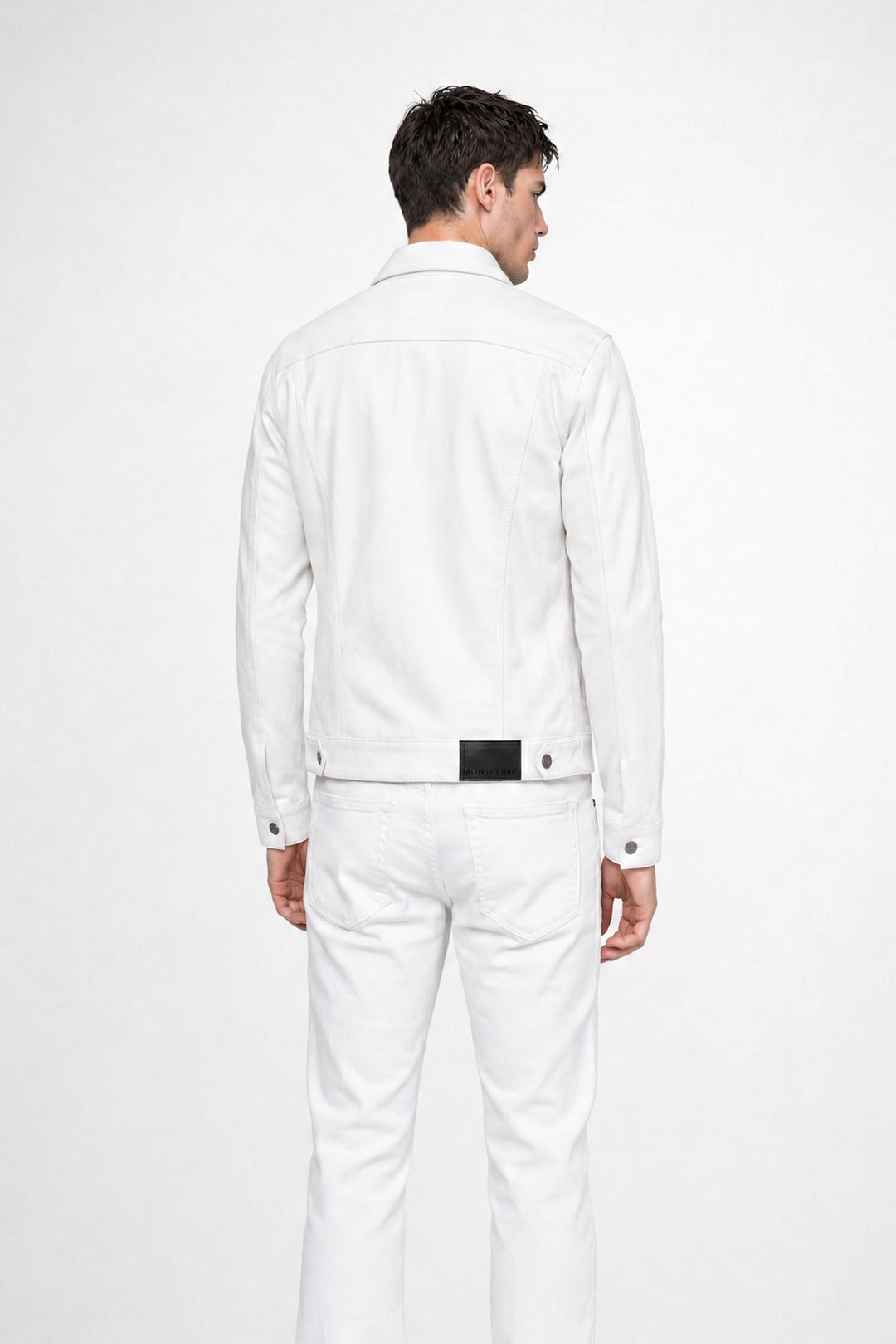 Back profile of MONFRÈRE Dean Blanc men's white french terry twill stretch fabric trucker jacket.