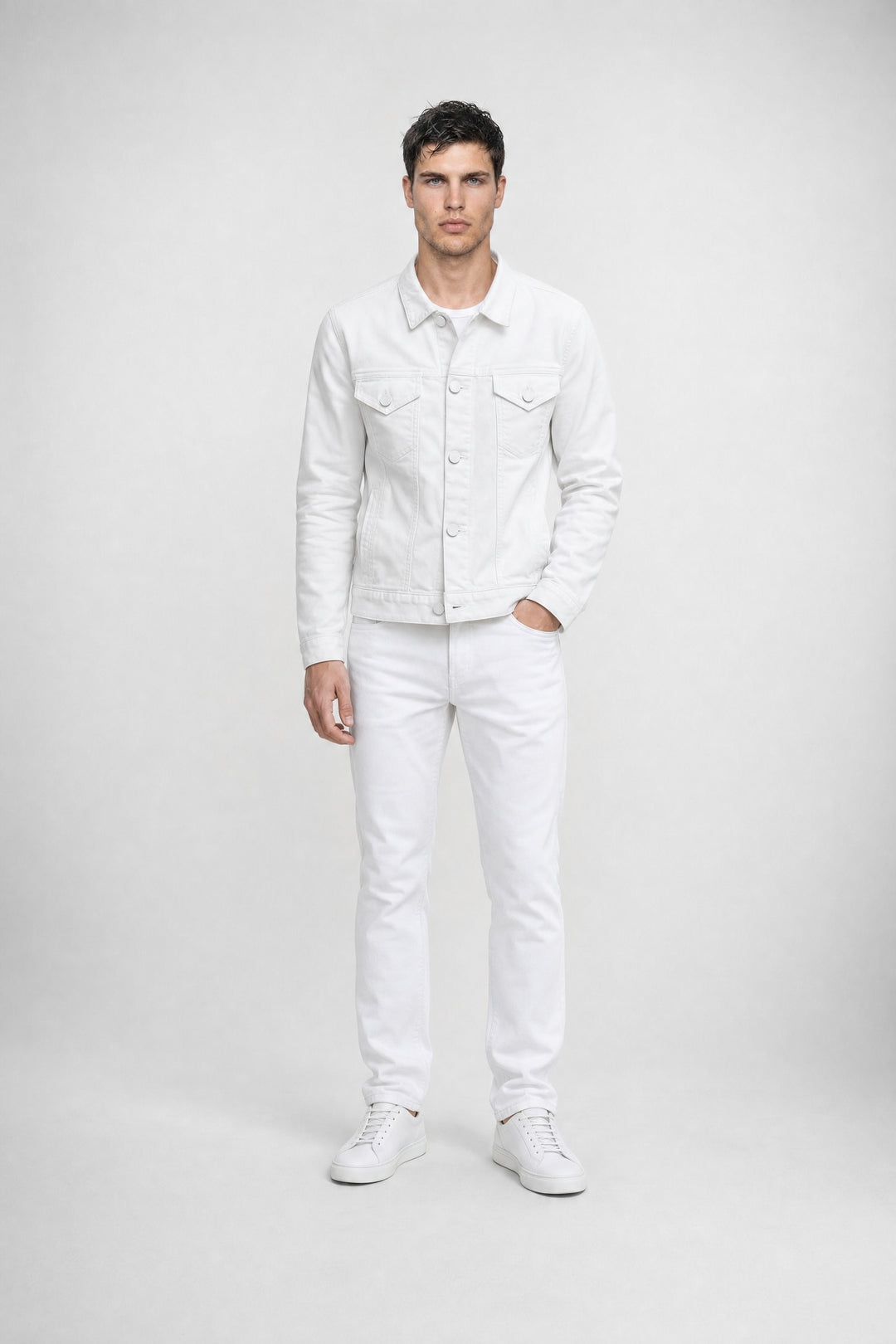 Model wearing MONFRÈRE Dean Blanc men's white french terry twill stretch fabric trucker jacket.