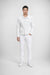 Model wearing monfrère dean blanc men's white french terry twill stretch fabric trucker jacket