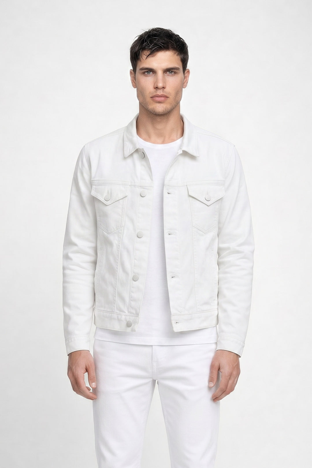 Front profile of MONFRÈRE Dean Blanc men's white french terry twill stretch fabric trucker jacket.