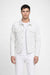 Front profile of monfrère dean blanc men's white french terry twill stretch fabric trucker jacket