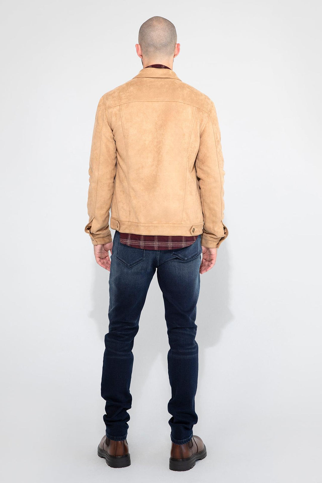 Back profile of MONFRÈRE Dean Butter Suede Khaki men's khaki soft faux suede stretch fabric trucker jacket.