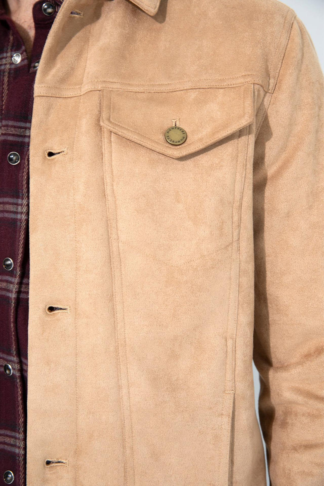 Close up of view MONFRÈRE Dean Butter Suede Khaki men's khaki soft faux suede stretch fabric trucker jacket.