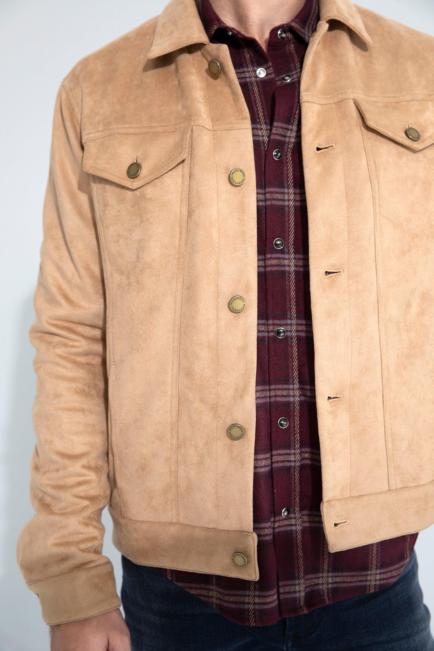 Men's Khaki Trucker Jacket Stretch Faux Suede - Dean Khaki | MONFRÈRE
