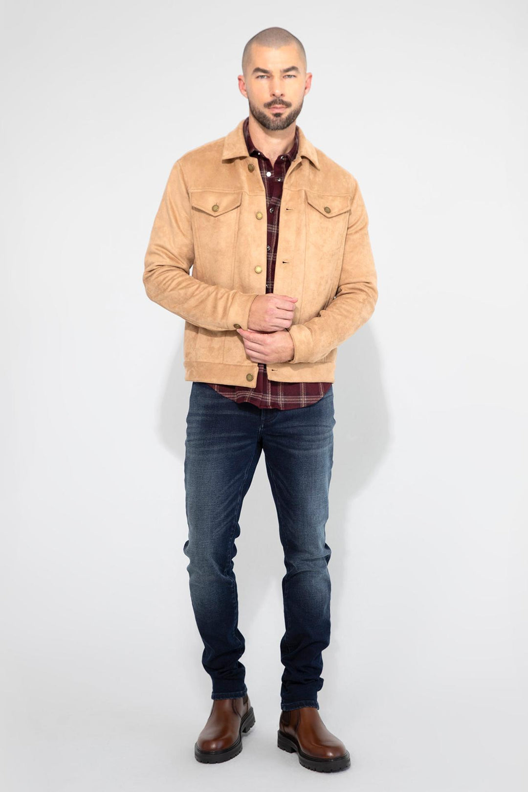 Model wearing MONFRÈRE Dean Butter Suede Khaki men's khaki soft faux suede stretch fabric trucker jacket.