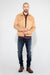 Model wearing MONFRÈRE Dean Butter Suede Khaki men's khaki soft faux suede stretch fabric trucker jacket.