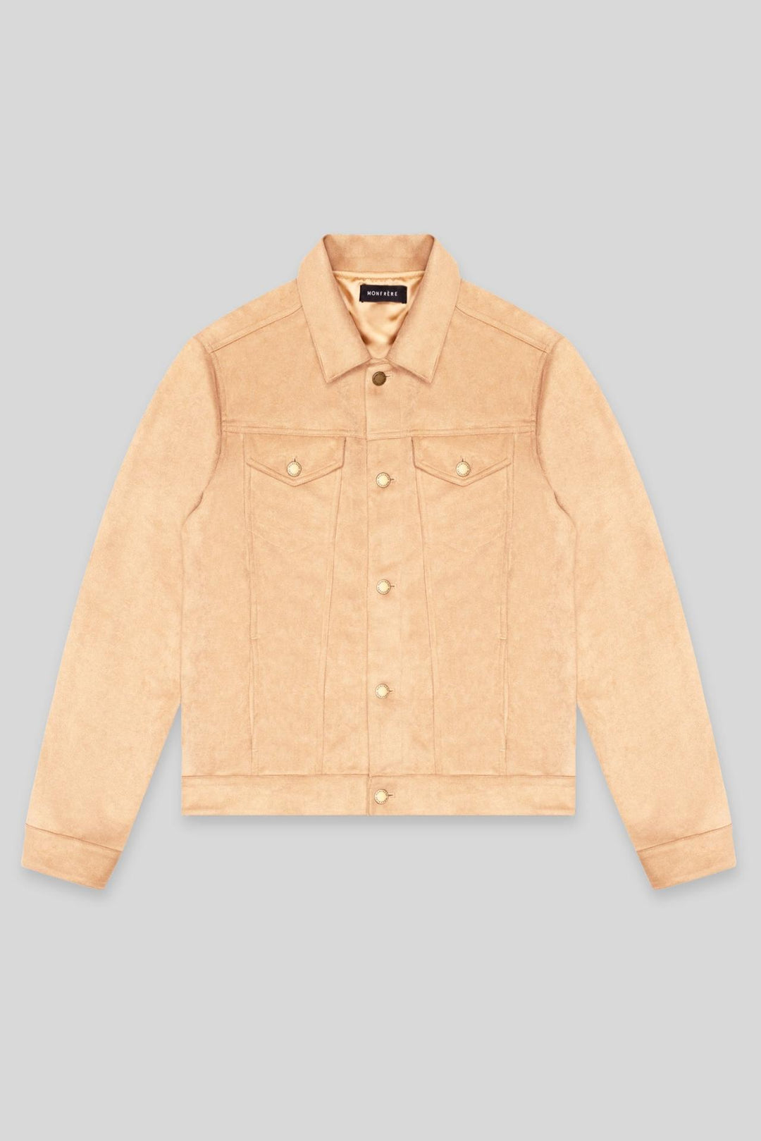 MONFRÈRE Dean Butter Suede Khaki men's khaki soft faux suede stretch fabric trucker jacket.