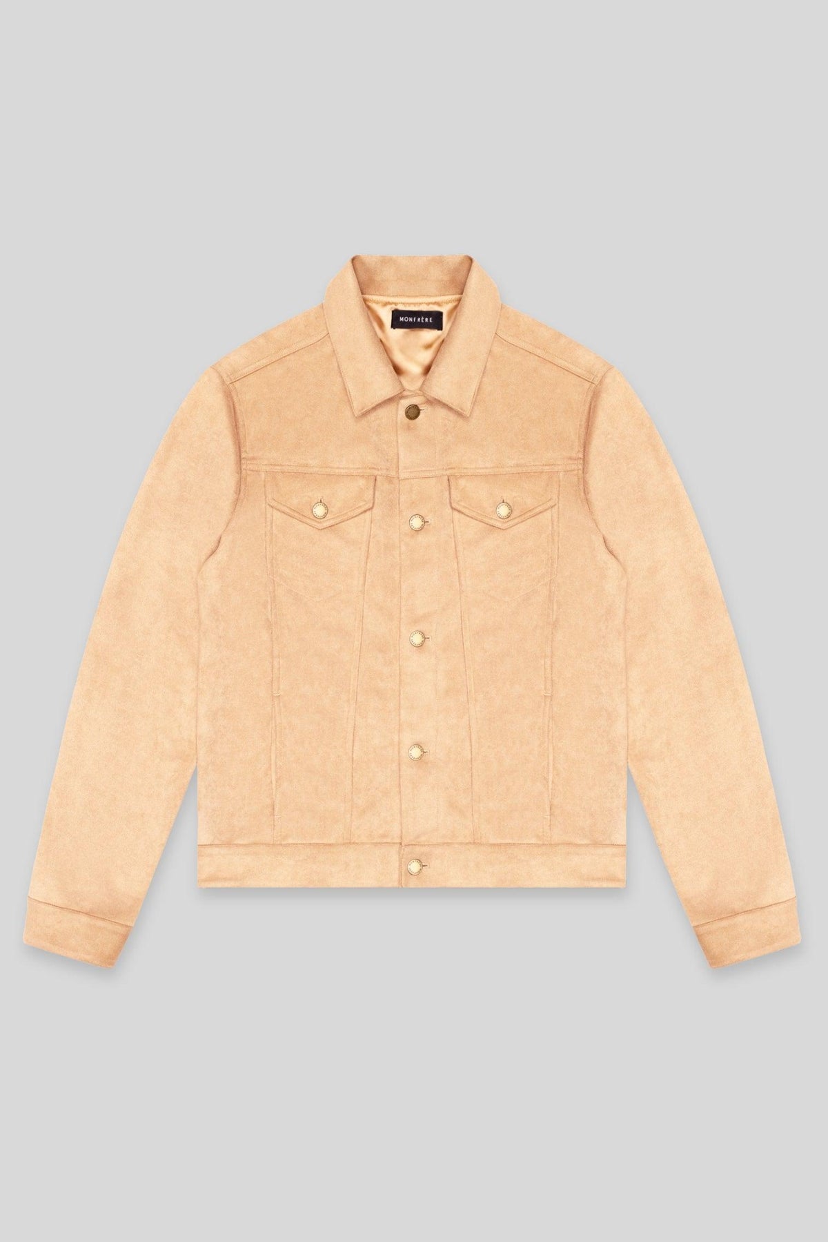 MONFRÈRE Dean Butter Suede Khaki men's khaki soft faux suede stretch fabric trucker jacket.