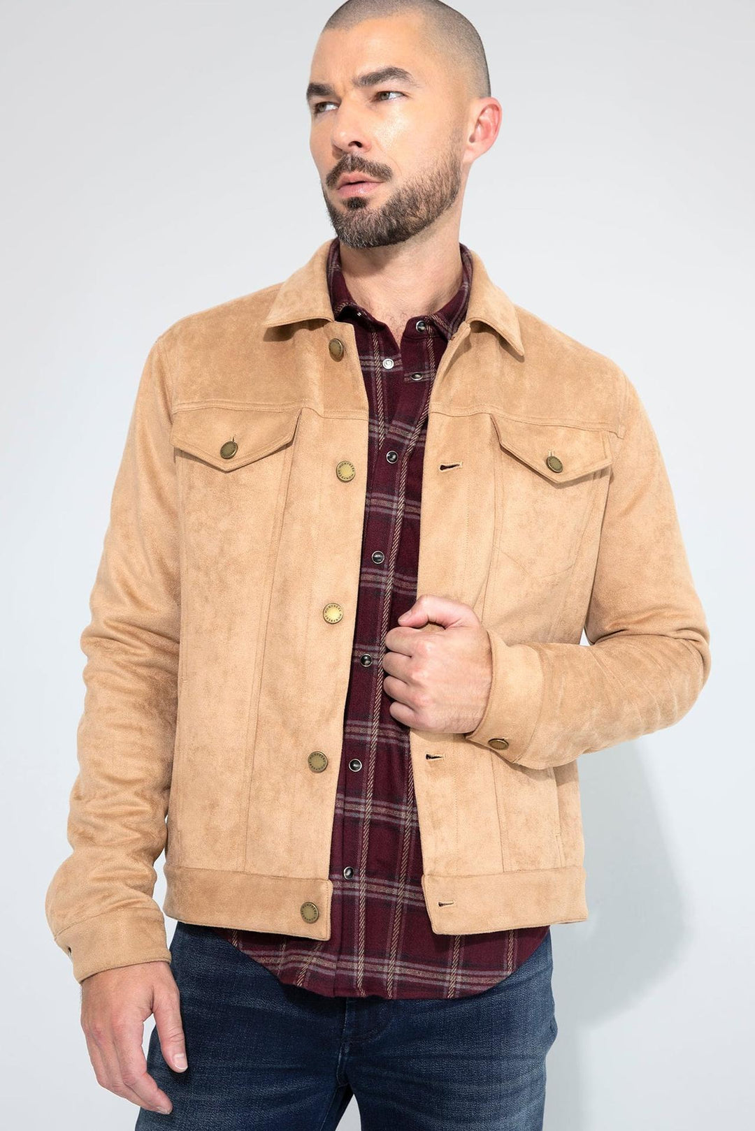 Front profile of MONFRÈRE Dean Butter Suede Khaki men's khaki soft faux suede stretch fabric trucker jacket.