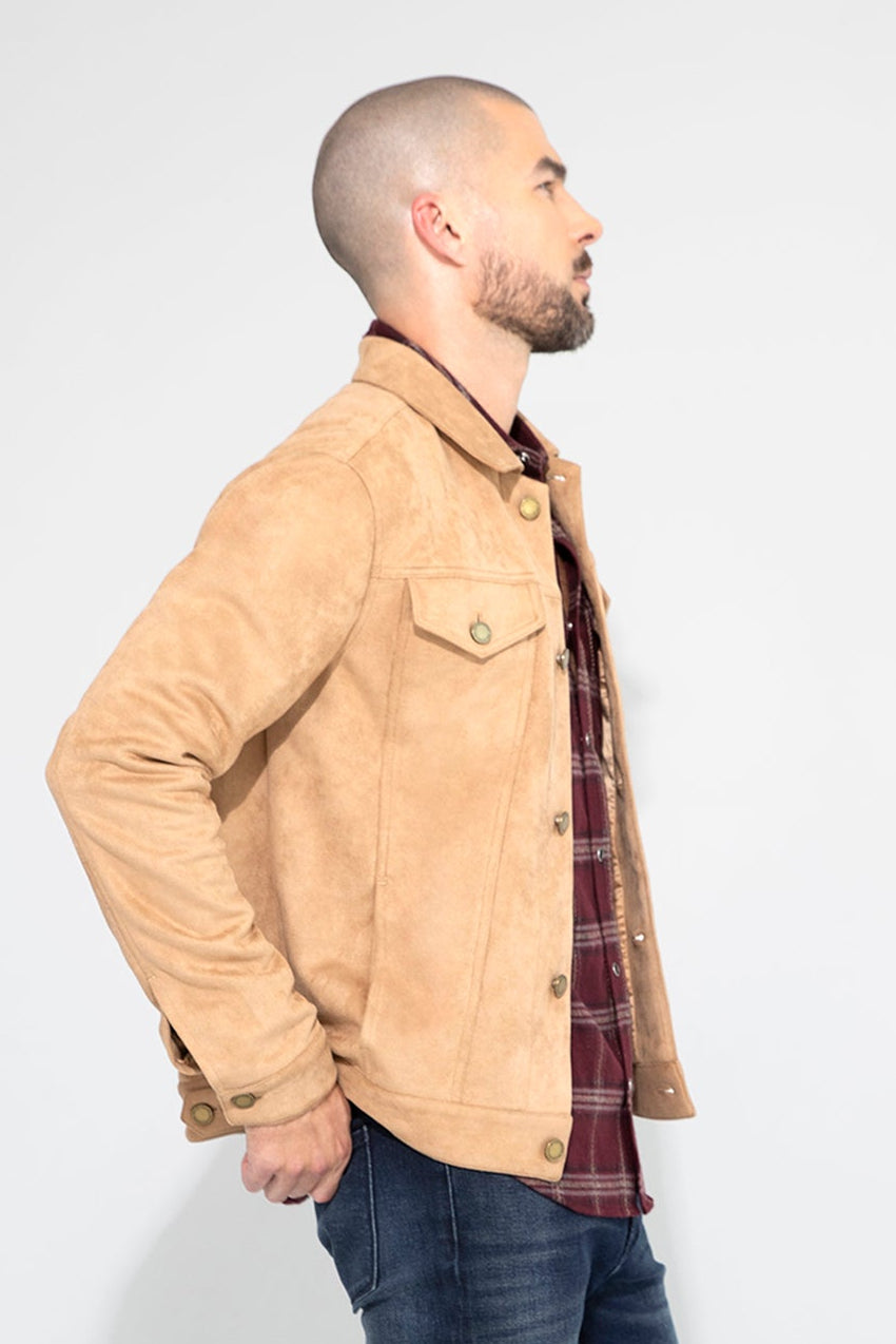 Side profile of MONFRÈRE Dean Butter Suede Khaki men's khaki soft faux suede stretch fabric trucker jacket.