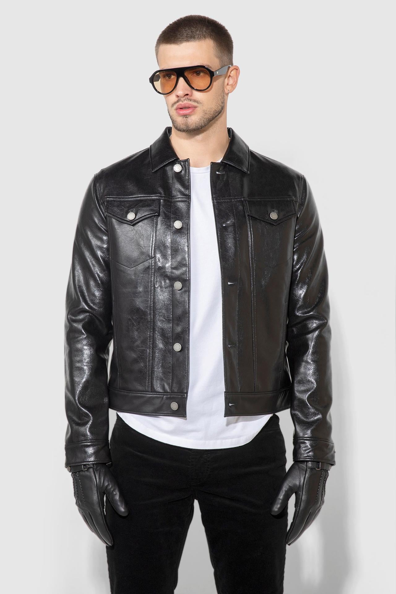 Dean Patent Noir Stretch Trucker Jacket | MONFRÈRE