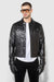 Front profile of MONFRÈRE Dean Patent Noir men's black stretch vegan leather trucker jacket.