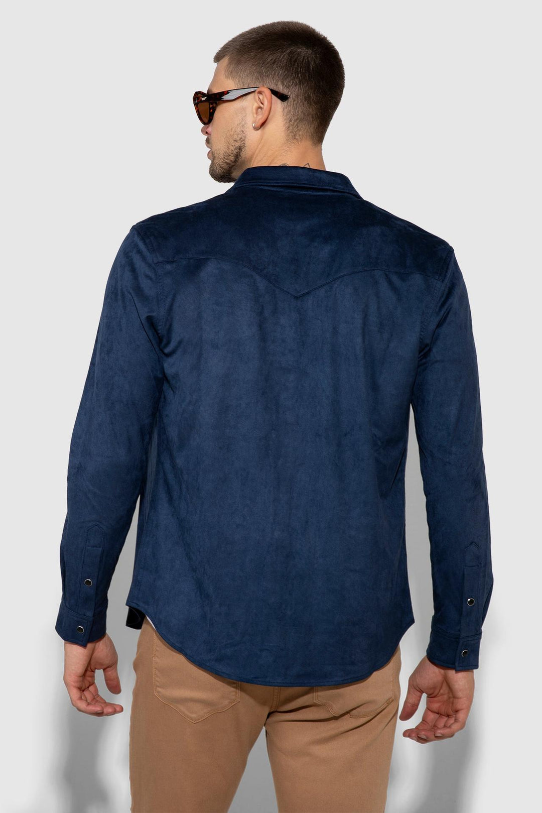 Back profile of MONFRÈRE Eastwood Butter Suede Navy men's blue soft faux suede stretch fabric western shirt.