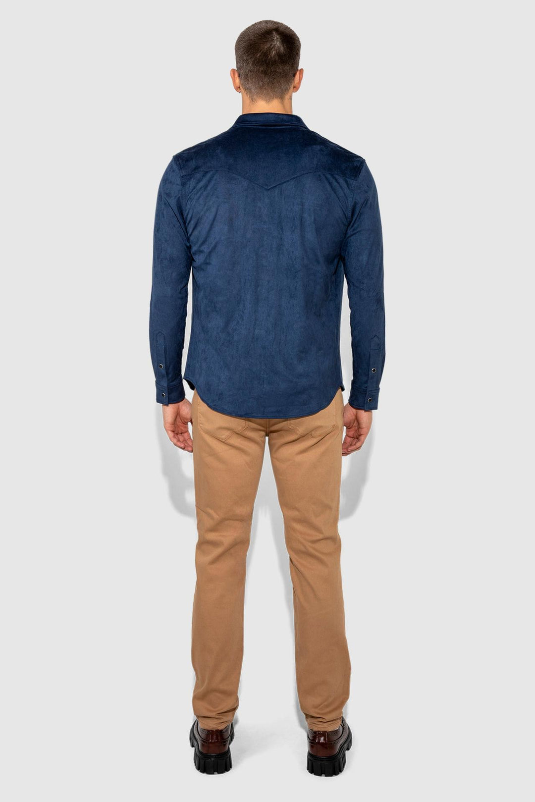 Detail view of MONFRÈRE Eastwood Butter Suede Navy men's blue soft faux suede stretch fabric western shirt.