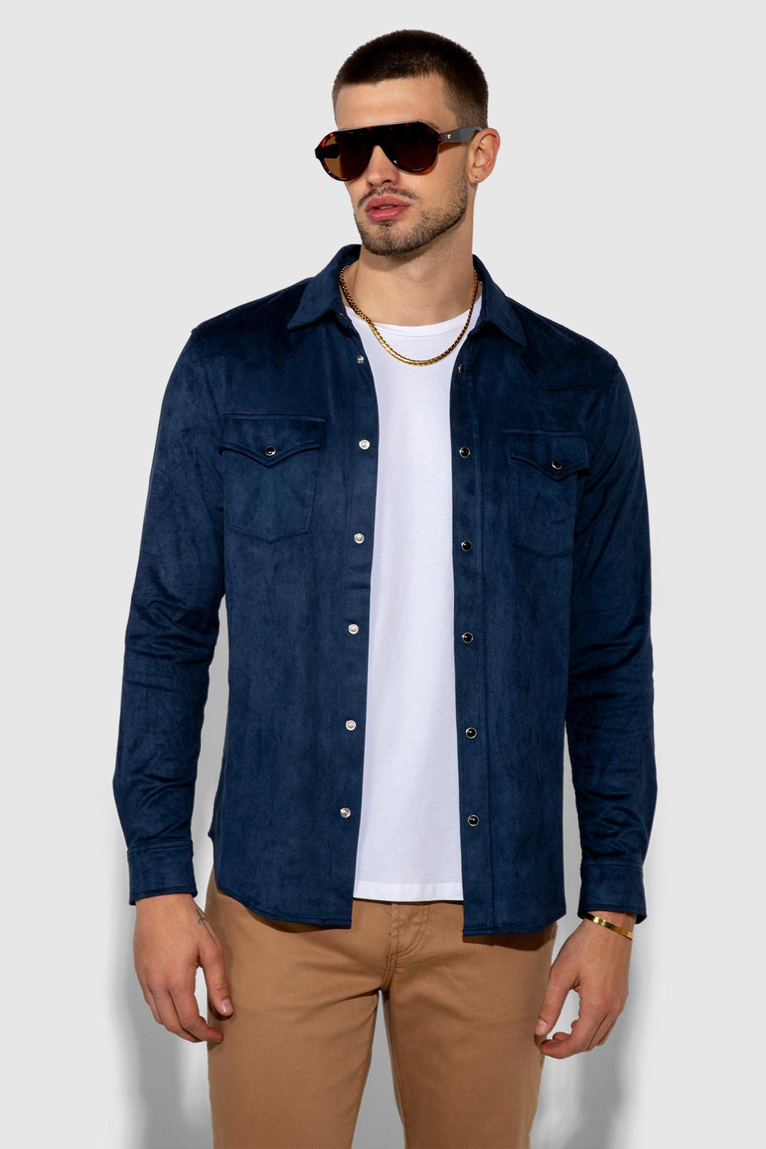 Front profile of MONFRÈRE Eastwood Butter Suede Navy men's blue soft faux suede stretch fabric western shirt.