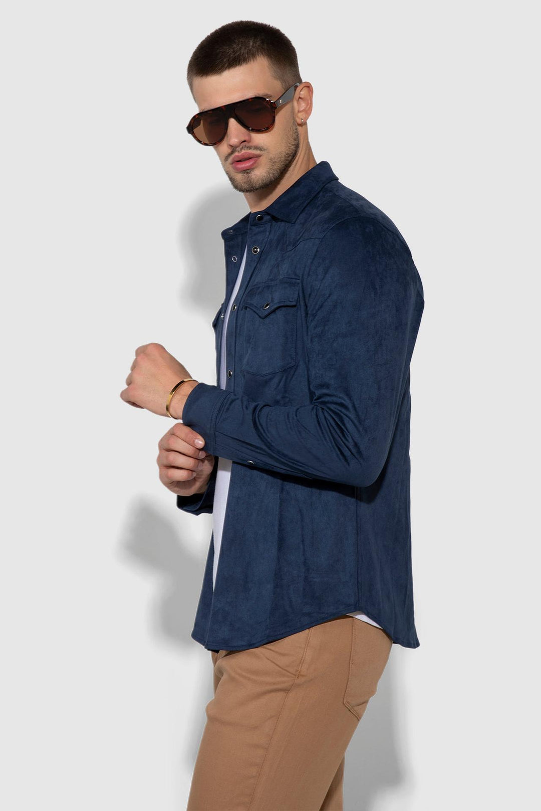 Side profile of MONFRÈRE Eastwood Butter Suede Navy men's blue soft faux suede stretch fabric western shirt.