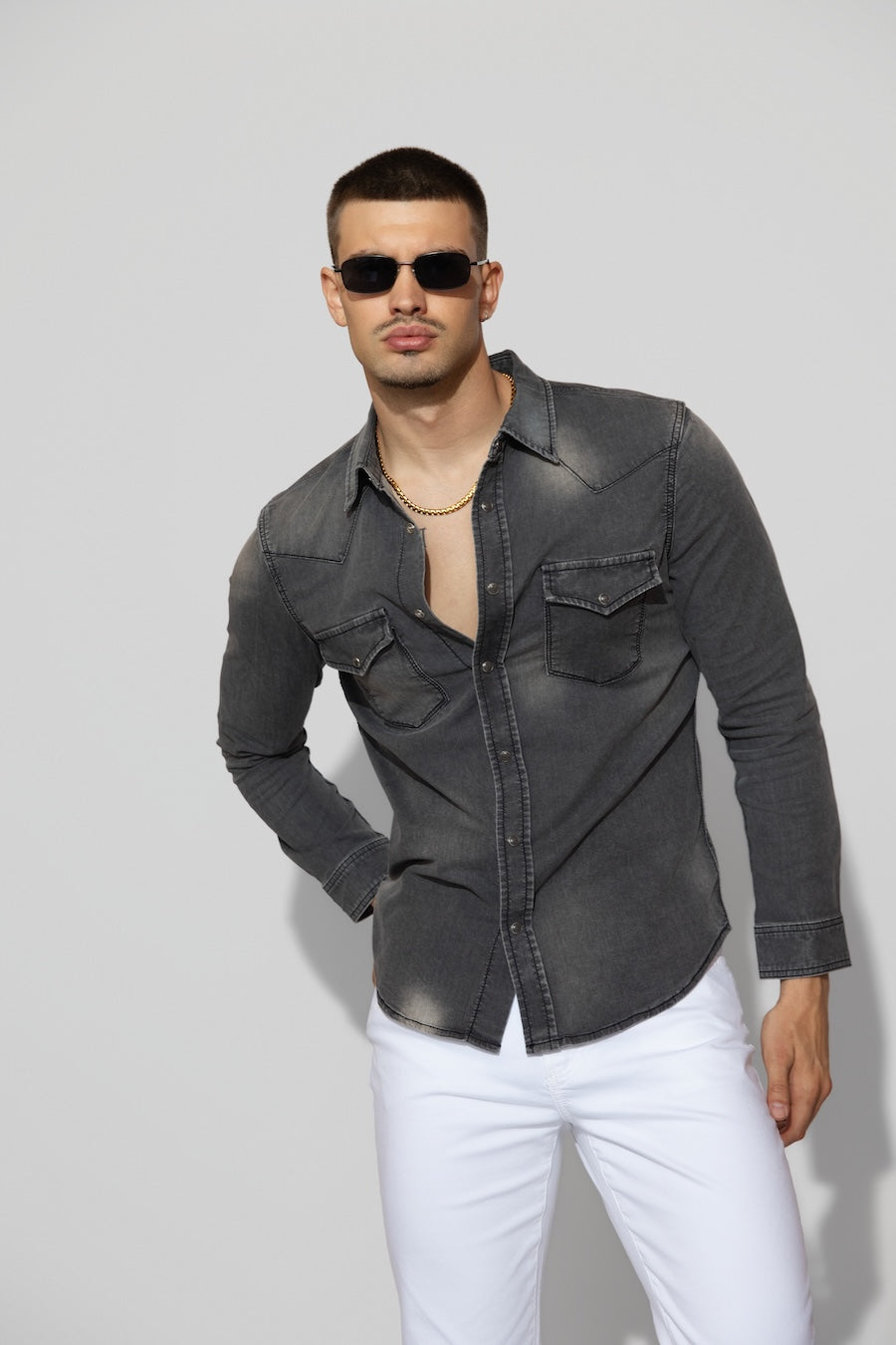 Front profile of MONFRÈRE Eastwood Smokescreen men's dark grey Japanese stretch denim western shirt.