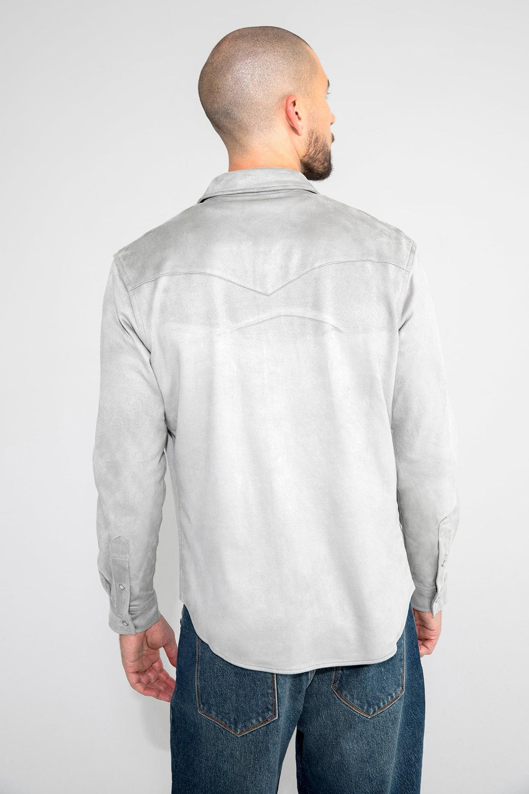 Back profile of MONFRÈRE Eastwood Butter Suede Steel men's grey soft faux suede stretch fabric western shirt.