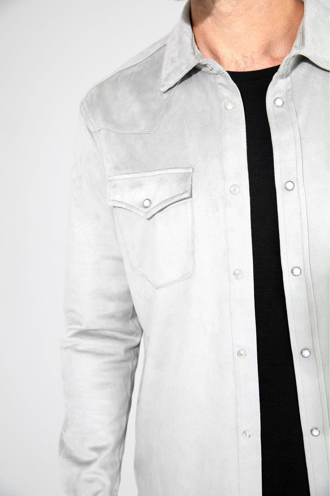 Close up of view MONFRÈRE Eastwood Butter Suede Steel men's grey soft faux suede stretch fabric western shirt.