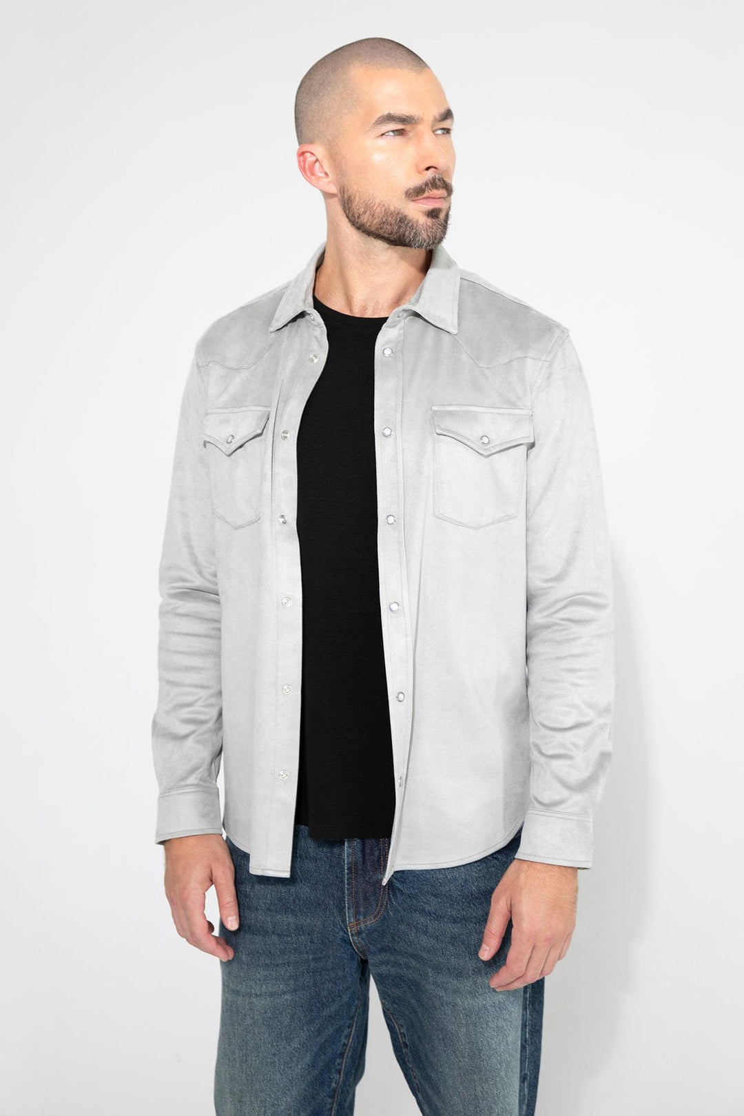 Detail view of MONFRÈRE Eastwood Butter Suede Steel men's grey soft faux suede stretch fabric western shirt.