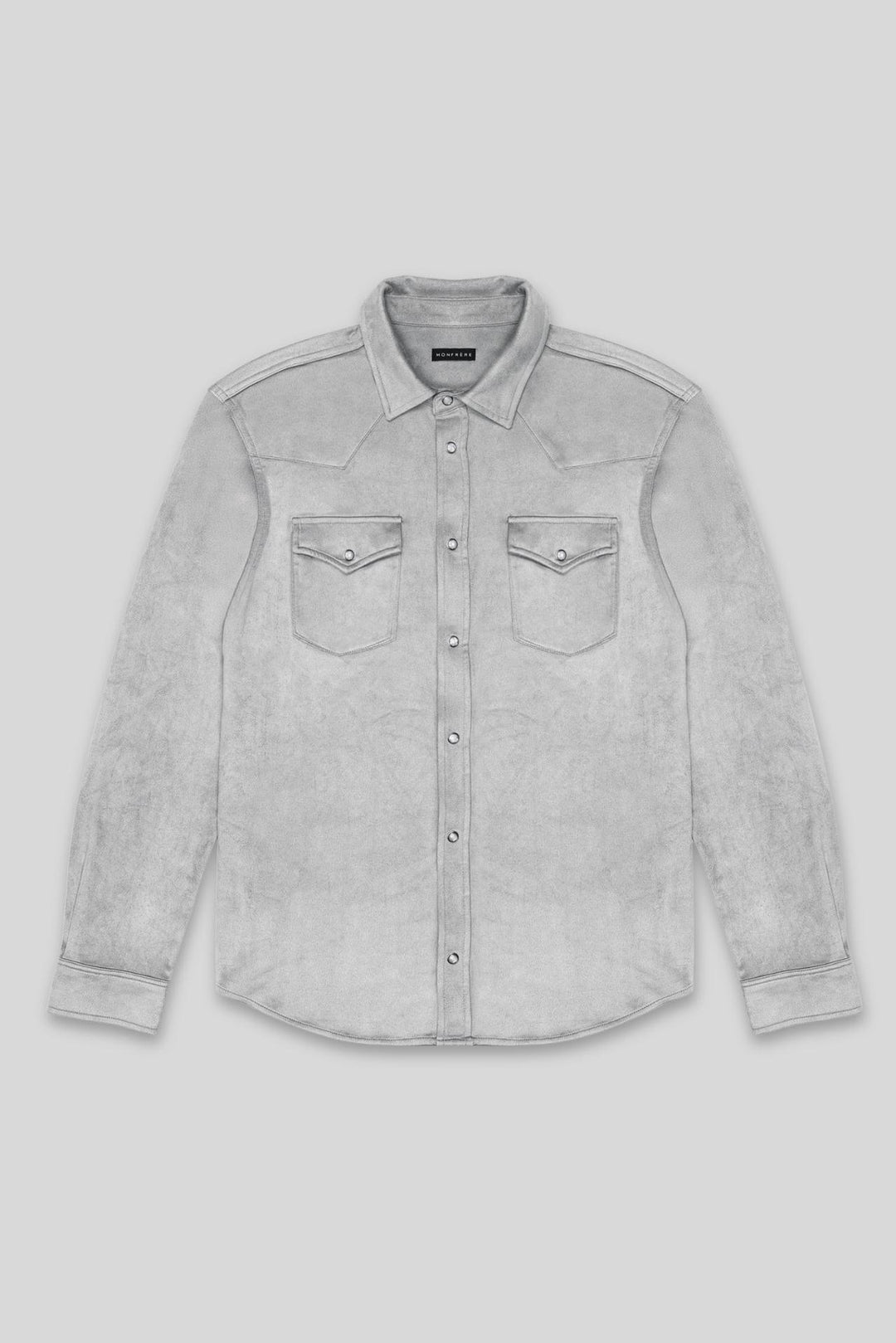 MONFRÈRE Eastwood Butter Suede Steel men's grey soft faux suede stretch fabric western shirt.