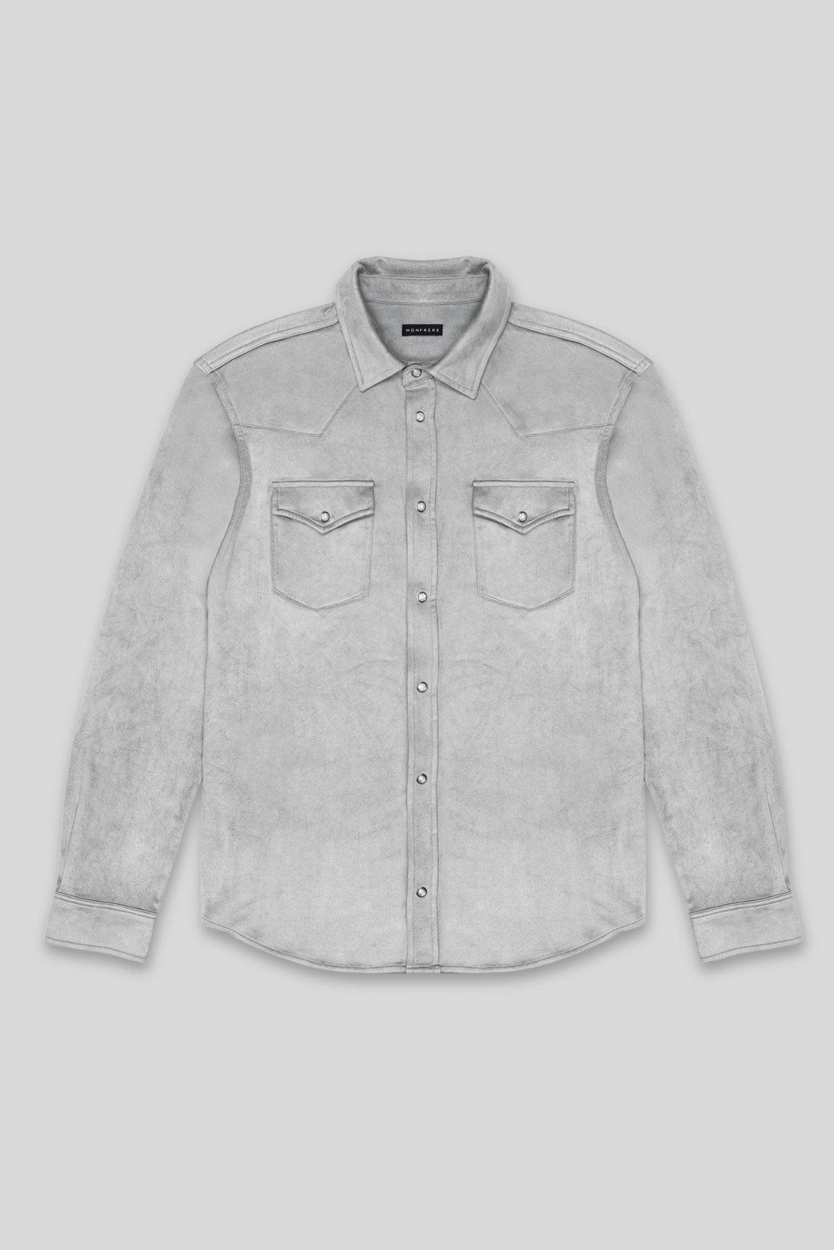 MONFRÈRE Eastwood Butter Suede Steel men's grey soft faux suede stretch fabric western shirt.
