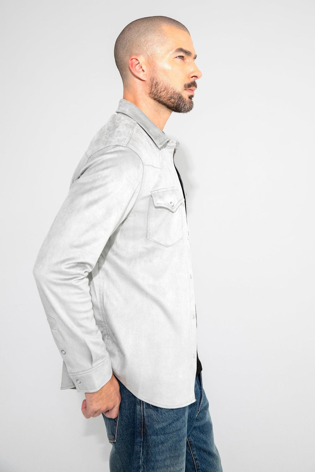 Side profile of MONFRÈRE Eastwood Butter Suede Steel men's grey soft faux suede stretch fabric western shirt.