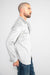 Side profile of MONFRÈRE Eastwood Butter Suede Steel men's grey soft faux suede stretch fabric western shirt.