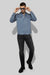 Model wearing MONFRÈRE Eastwood Butter Suede Steel Blue men's blue soft faux suede stretch fabric western shirt.