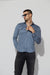 Front profile of MONFRÈRE Eastwood Butter Suede Steel Blue men's blue soft faux suede stretch fabric western shirt.