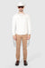 Model wearing MONFRÈRE Eastwood Butter Suede Vintage Blanc men's off white ivory soft faux suede stretch fabric western shirt.