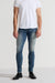 Front profile of MONFRÈRE Greyson Tinted Indigo men's dark blue Japanese stretch denim five pocket skinny jean.
