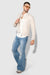 Model wearing MONFRÈRE Hendrix Calabasas men's blue stretch rigid denim five pocket super flare leg jean.