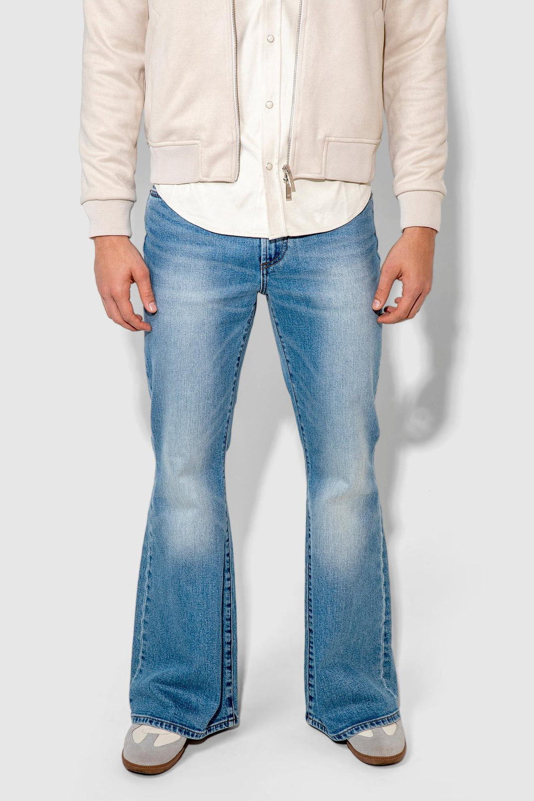 Front profile of MONFRÈRE Hendrix Calabasas men's blue stretch rigid denim five pocket super flare leg jean.