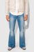 Front profile of MONFRÈRE Hendrix Calabasas men's blue stretch rigid denim five pocket super flare leg jean.