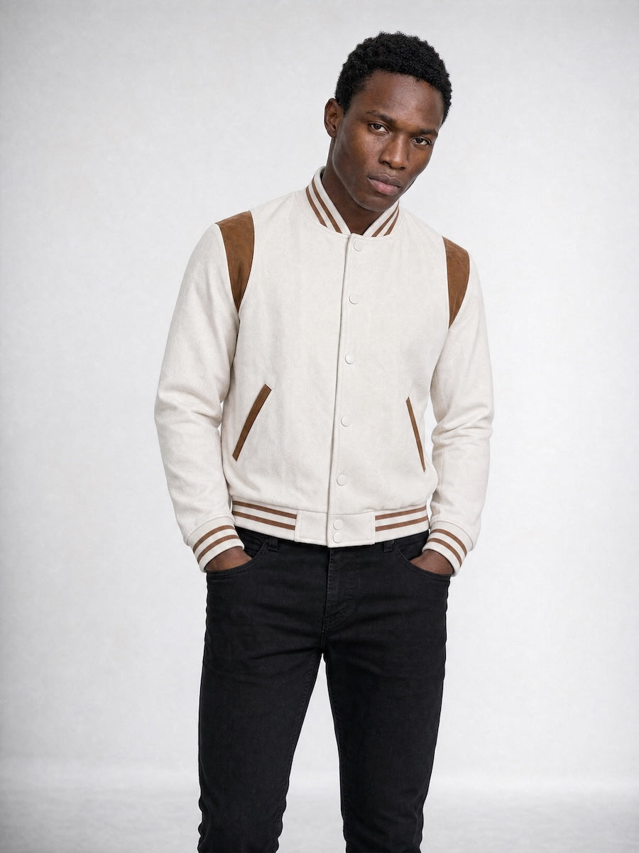 Detail view of MONFRÈRE Jeter Varsity Vintage Mocha men's off white ivory soft faux suede stretch fabric varsity jacket.