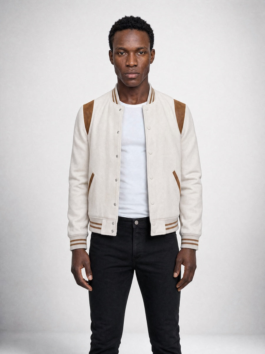 Front profile of MONFRÈRE Jeter Varsity Vintage Mocha men's off white ivory soft faux suede stretch fabric varsity jacket.