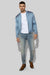 Model wearing MONFRÈRE Maverick Silk Steel Blue men's blue stretch viscose silk bomber jacket.