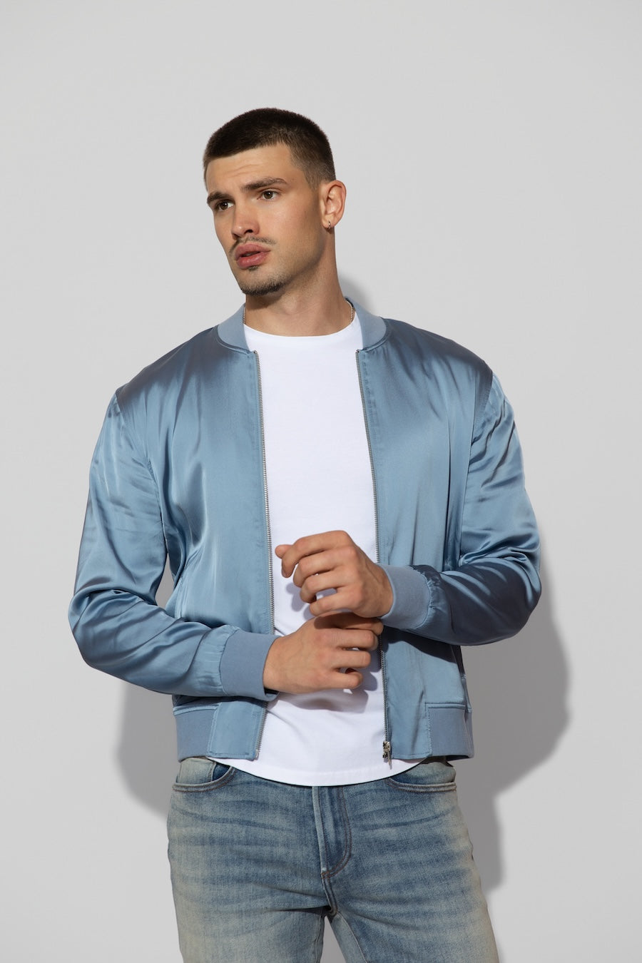 Front profile of MONFRÈRE Maverick Silk Steel Blue men's blue stretch viscose silk bomber jacket.