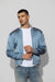 Front profile of MONFRÈRE Maverick Silk Steel Blue men's blue stretch viscose silk bomber jacket.