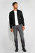 Model wearing MONFRÈRE Maverick Butter Suede Noir men's black soft faux suede stretch fabric bomber jacket.