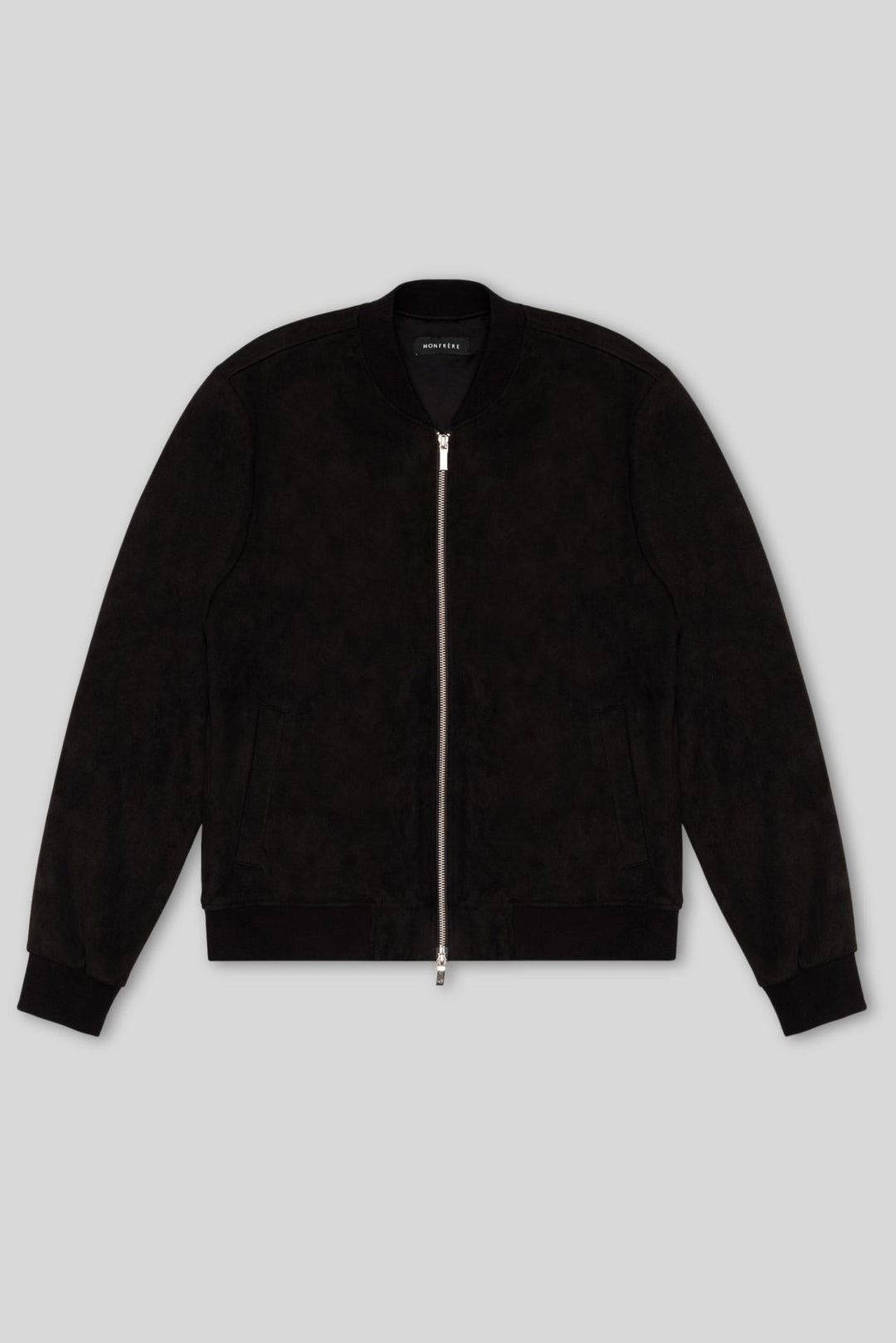 MONFRÈRE Maverick Butter Suede Noir men's black soft faux suede stretch fabric bomber jacket.