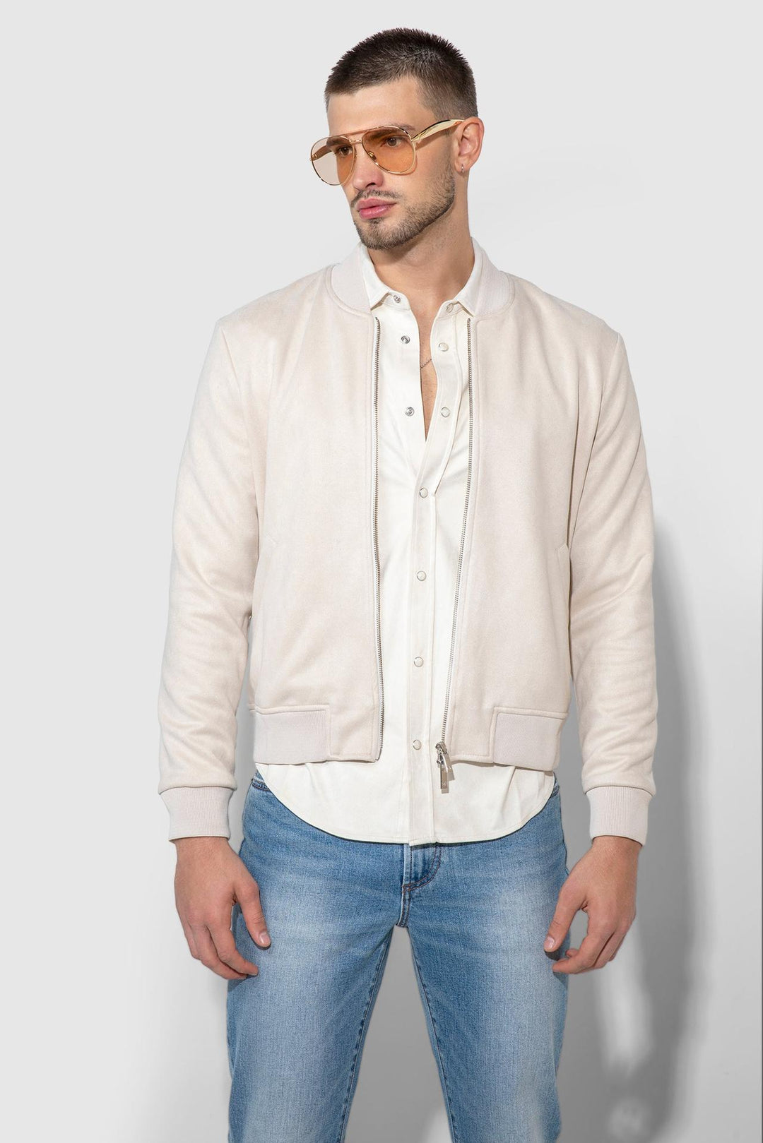 Front profile of MONFRÈRE Maverick Butter Suede Taupe men's taupe off white ivory soft faux suede stretch fabric bomber jacket.
