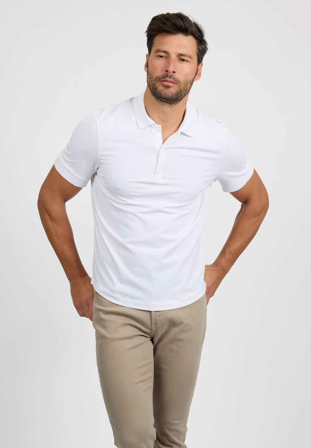 Detail view of MONFRÈRE Pierce Blanc men's white stretch jersey knit polo shirt.